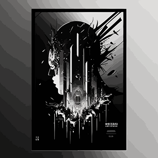 A3 vertical techy cyberpunk poster with futuristic, minimal style using vector elements vertical mirror with black and white colors — v5 — 30:42 — seed 1