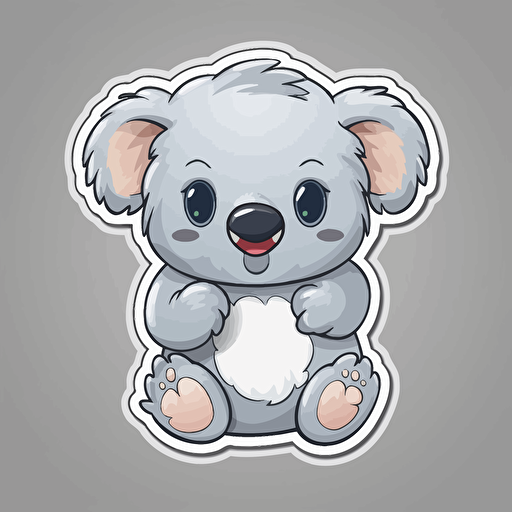 sticker, cute and happy koala, kawaii, contour, vector, white border, gray background