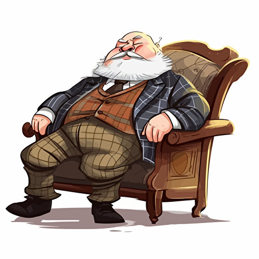 a chubby middle-aged Scotsman has fallen fast asleep, snoring with his mouth open, peaceful and content, sitting in a rocking chair, bushy beard, balding, suit and tie, kilt, as a detailed vector image