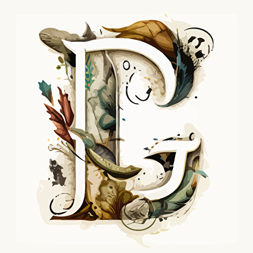 vector letter "J", with white background, with drawings around