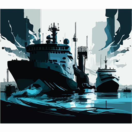 Medium sized futuristic vessels departing from the port., Blue Black and white, Vector and oil paint poster art,