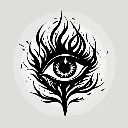 Simple logo of an eye surrounded by stylised little flames, black and white, vector art