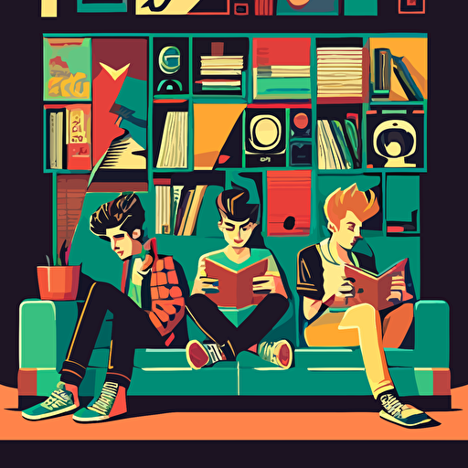 3 young, in the ´90, sitting on a couch. The walls have posters of rock bands. There is a shelf with stacked records. vectorial art geometric, similar Tom Whalen