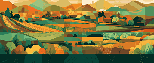 Abstract farm field collage background. Agro land backdrop, farmland landscape vector illustration with texture. Oriental decorative poster, eco design, green rural template, ecology art header, limit colors, vector stylet, flat colors, minimal, svg style, no gradient