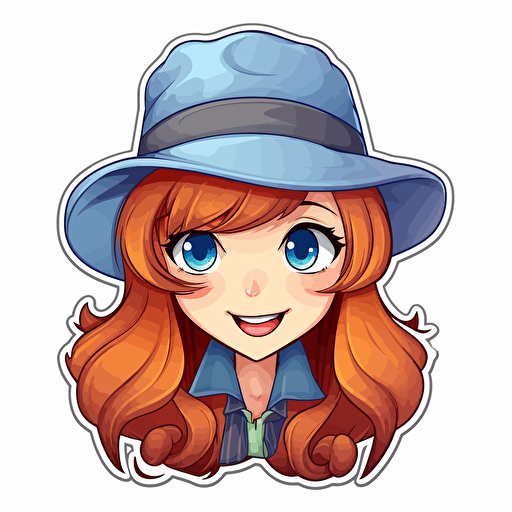 Sticker, Happy Colorful female Sherlock Holmes, long red hair, blue eyes, deerstalker hat, kawaii, contour, vector, white background
