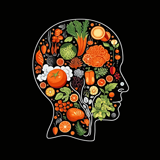 Retro iconic logo of a mind full of healthy food, white vector, on black backgroung