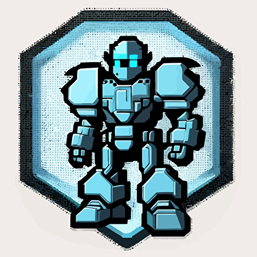 a logo showing a 16-bit pixel robot shield in light blue with a black outline as a vector