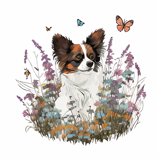 a papillon dog playing in a field of wildflowers, vector art logo, whimsical, white background