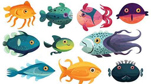 a set of real sea creatures with face, for preschoolers, to cut out, vectorized, colourful, over white background