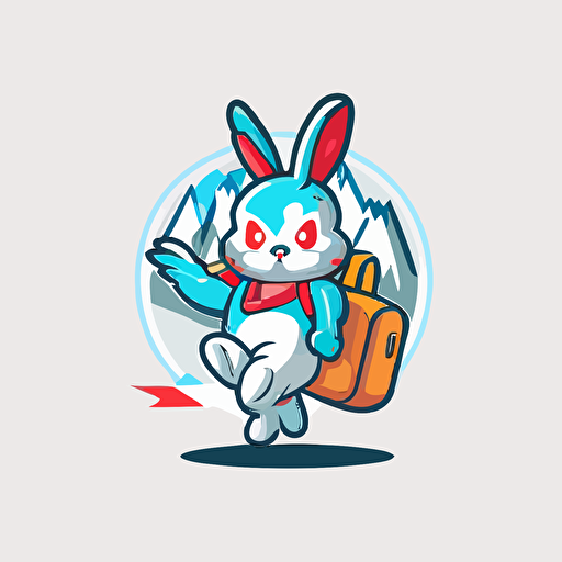 a mascot logo of a cute bunny with backpack travelling , simple, vector