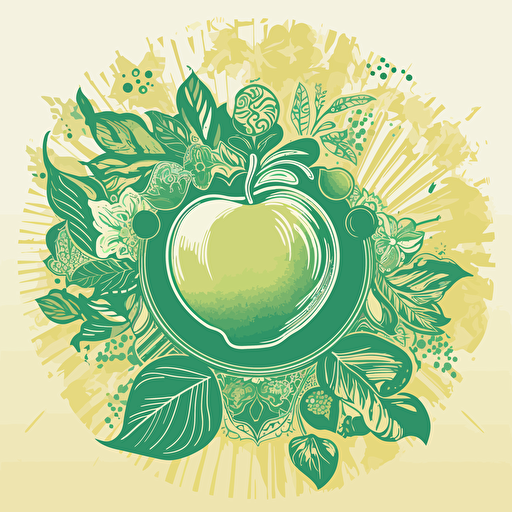 sliced apple illustration with framed botanical ornaments simplified illustration with a shinning sun using the illustrator illustration styles, vectorized, moder pantone colorful pallet