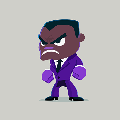 killer in a purple suit with very big head and small legs, black skin, cartoon 2d vector art, brawl stars style