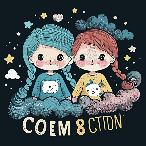 Vector art, Make a logo for a children's clothing store (With a girl and a boy), Children's, Colorful, Happy, Fun, Playful, Joyful, Bright, Cheerful, Night, Stars, Moon, Clouds, Dreamy, Mysterious, Magical, Soft, Cozy, Warm, Friendly, Welcoming, Materials, Cotton, Denim, Wool, Polyester, Rayon, Silk, Camera settings, High-resolution, Wide angle lens, Shallow depth of field, Bokeh effect, Soft lighting, Warm tones