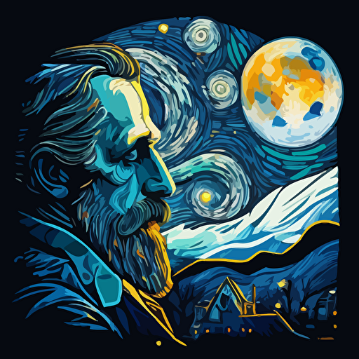 Design a vector art tribute to "The Starry Night" by Van Gogh, combining elements of the original painting with a contemporary pop art twist.