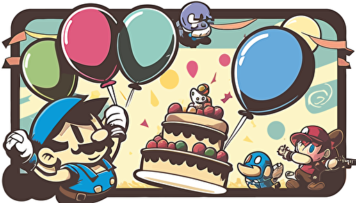 Super smash Bros with a birthday cake, with balloons, vector art, flat background