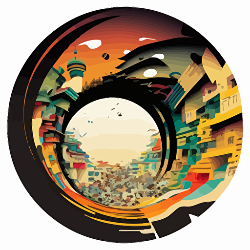 colorful vector art, asian city in a worm hole