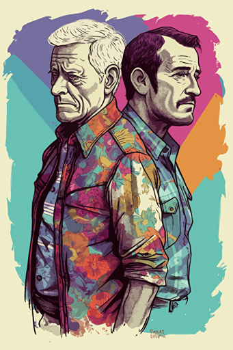 an old picture of a gay couple with colorful vector illustrations over it