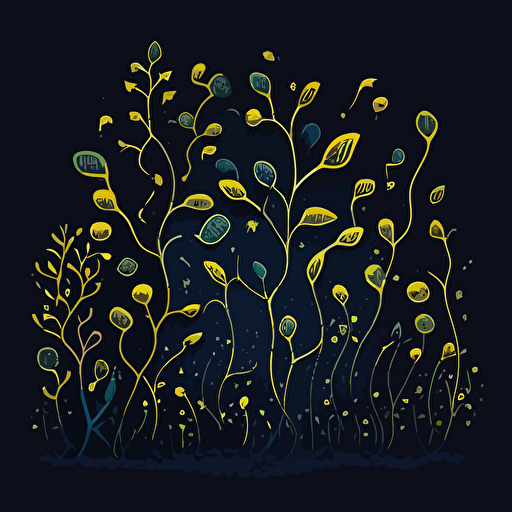 tiny curly sprouts, hand draw vector style, blue and yellow colors, similar to pattern style, dark background