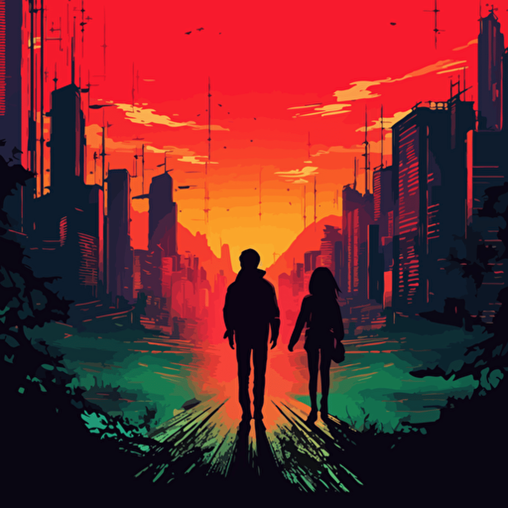 create a duotone green and red vector art about movies theme, cyberpunk style,in a 8-bit gradient sunset, illustrated in manga style