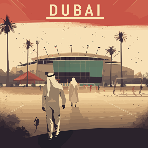 retro dubai poster, old stadium, no players, worn down, vector art, simple ar3:2