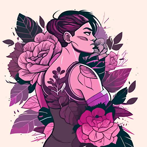 a vector illustration featuring a strong girl back with flowers and leafes around her and colored in purple and pink