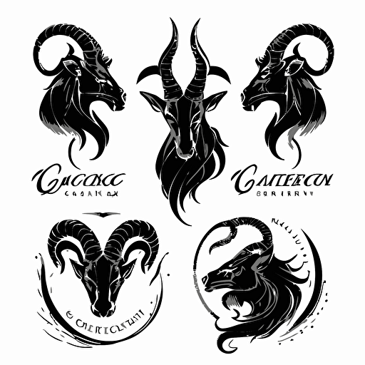 set of black capricorn logos, black ink vectors, white background