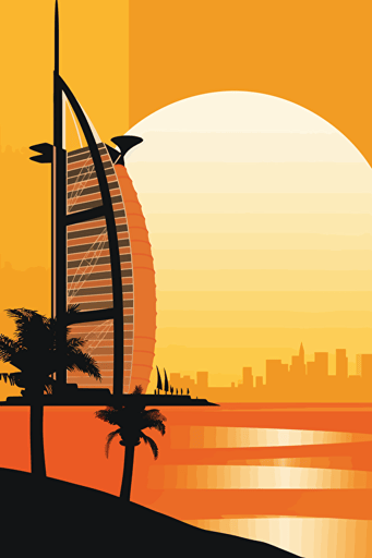 burj al arab, vector art, wistful, 1960s, sunset dubai marina backdrop,