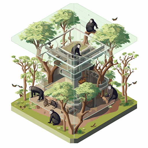 isometric cartoon vector image of a large primate enclosure with apes swinging on a large tree in the center with transparent background