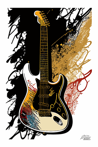 full size electric guitar, illustration with black outline, vector art, black outline, 4 muted colors,