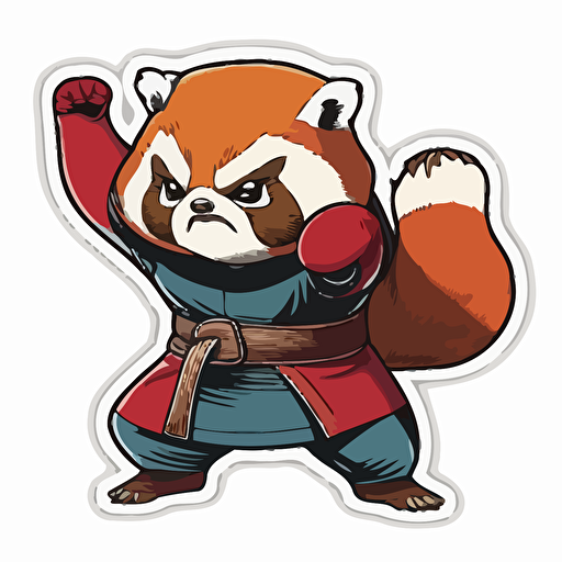 sticker, happy red panda in katate outfit doing karate, colorful, kawaii, vector, contour, white background
