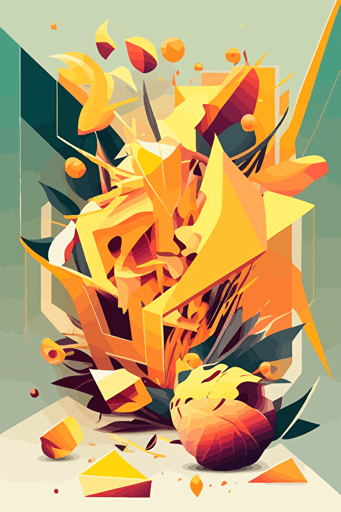 mango explosion, inferno, Neo-Cubism, layered overlapping geometry, geometric fauvism, layered geometric vector art, maximalism; V-Ray, angular oil painting