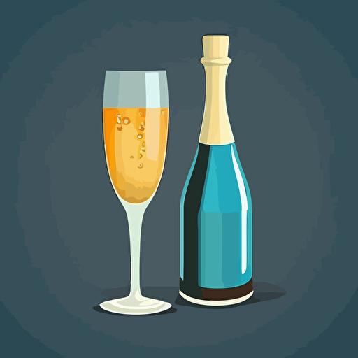 champagne flute and glass in a vector art cartoon style, flat color,
