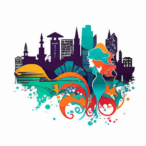 colorful mermaid swimming through the bad part of a city, vector logo, vector art, emblem, simple cartoon, 2d, no text, white background