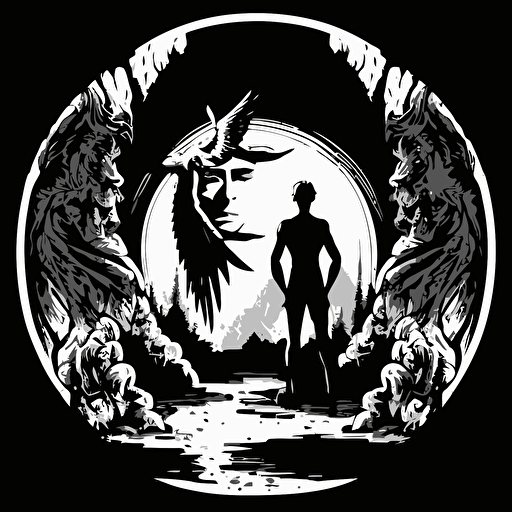 half heaven scenary with angel in background and half hell with demon in background encapsulate inside circle black and white Francesco Francavilla vector