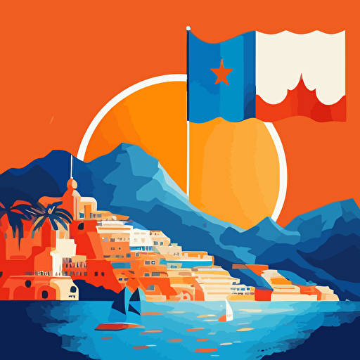 simple vector illustration of Monaco. Blue and orange colours only, simple, uncluttered, blue sky