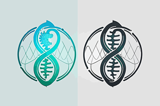 I would like a flat vector logo for my AI-driven medical technology company that incorporates a circle, gradient, and elements related to medical and artificial intelligence in a simple and minimalistic style. Instead of the dragon wrapped around the earth, use a stylized DNA helix or caduceus intertwined with a circuit or data stream to represent the fusion of medical knowledge and artificial intelligence. Use modern and tech-inspired colors like blue, green, or gray to convey innovation and energy. The logo should be clean, memorable, and easily recognizable, reflecting the essence of the AI-driven medical technology field.