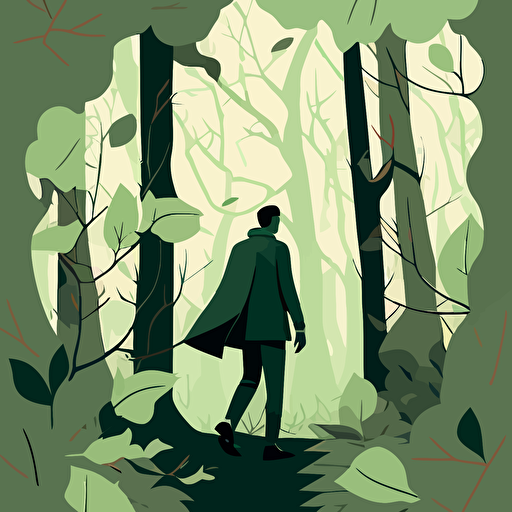 adobe illustractor vector style illustration of man walking through forest, — ar 17:22, sage green colours