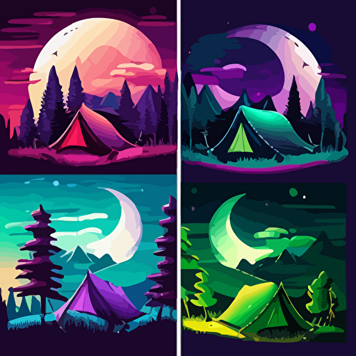 Vector art of a 4 tents colored blue green red and purple, campground, purple night sky with clouds, waxing gibbous moon, dark green evergreen trees, green grass
