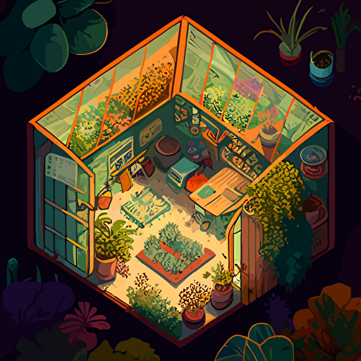 a greenhouse in a vegetable garden, top-down view, 2D, vector art, no-shadow, procreate, quirky visual storytelling, still life, fun, cozy, bloomcore, vibrant colors, cute