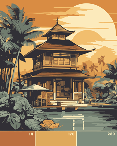 bali, retro aesthetics, vector image, sticker design, pantone color scheme: 12-1706 TCX, 12-0824 TCX, 15-0146 TCX, 15-1164 TCX, 16-6340 TCX, 17-4247 TCX, 18-2043 TCX, 19-6026 TCX. The final piece should exude a warm, holiday-like ambiance.