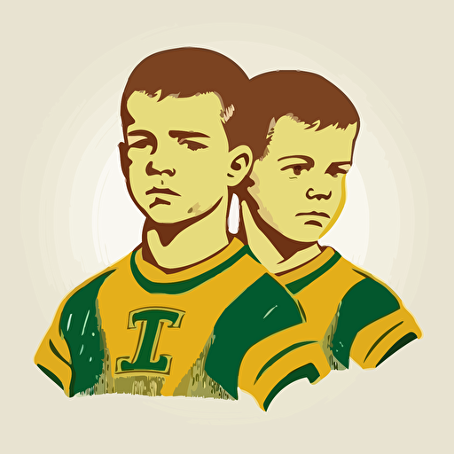 two brothers, looking tough,champions, wearing green and yellow, wearing an oblong brown football, sports logo style, white background, vector