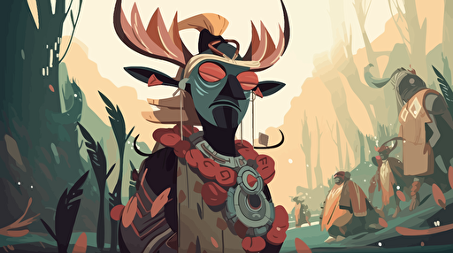 The leader of a nomadic tribe of bug-like creatures on a foreign jungle planet, his followers can be seen slightly blurred in the background behind him, close