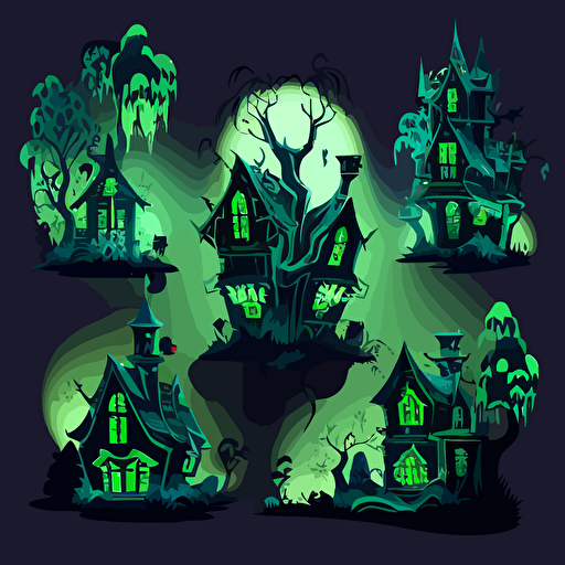 vector haunted house set back in woods, glowing green windows, transparent ghosts