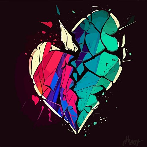 Asymmetrical and abstract vector illustration featuring broken heart, heart shape, intense colors, hand-drawn, pen and Ink style, layered, with glow-in-the-dark accent colors, white background