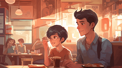 35 year old asian mother having burgers and fries with her 10 year old son at an american restaurant, happy bonding with each other, smiling, Clean Cel shaded vector art by lois van baarle, artgerm, Helen huang, by makoto shinkai and ilya kuvshinov, rossdraws, illustration