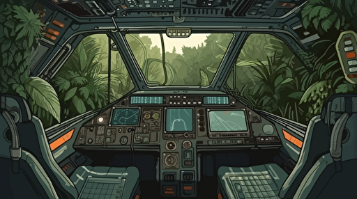 The spaceous cockpit inside a space shuttle that just landed on a foreign jungle planet, complex computers and data instruments line the walls, you can see parts of the jungle planet looking outside of the windows in the cockpit, flat vector illustration