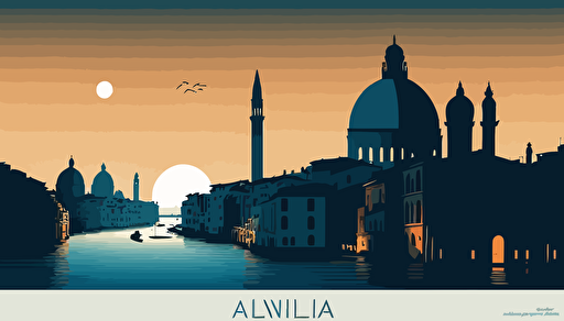 Skyline of Venecia in the sunset, wide view, inspiring image, vectorial style, 5 colours, high quality, soft blue palette