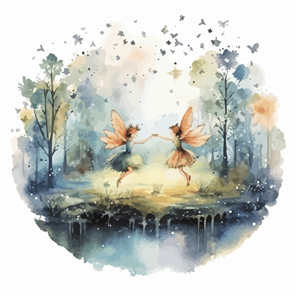 watercolor design of fairies flying around an enchanted forest, cute, whimsical, for kids, in pastel hues, highly detailed, vector