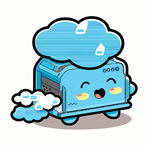 a cute vector art sticker in the colour blue (#4da6cc) of a desktop printer printing out a cloud