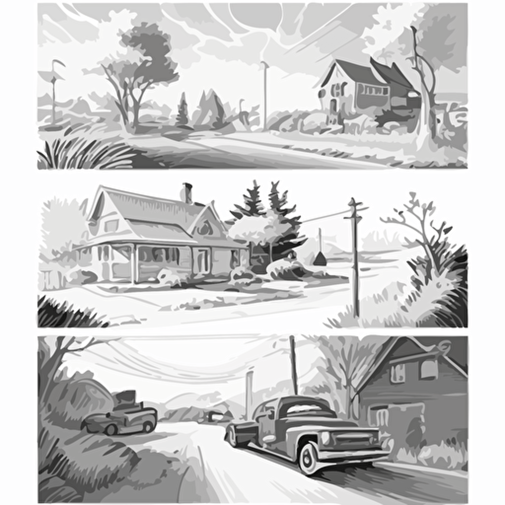 full page sketch illustration vector of 3 rural street landscapes